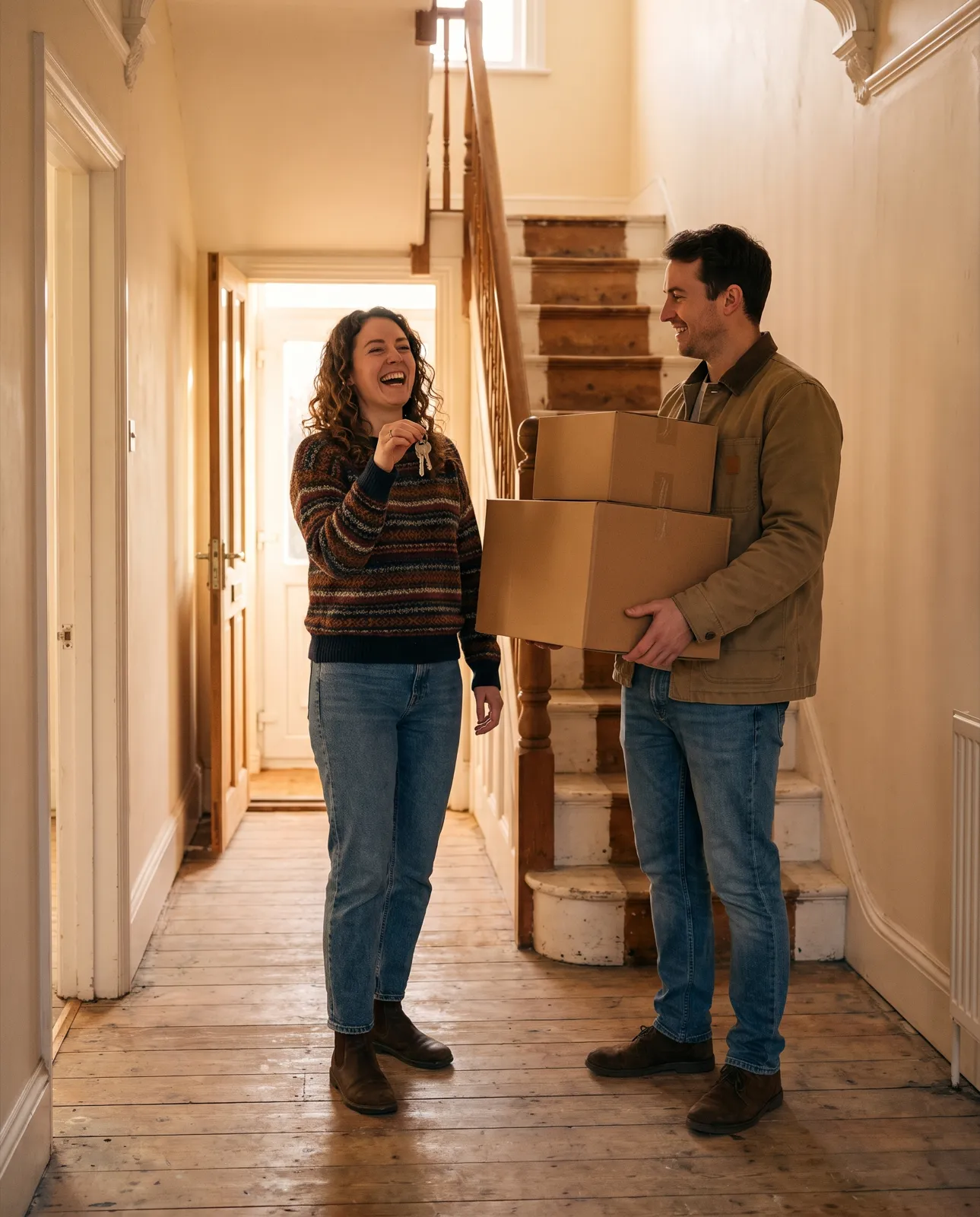 A couple laughing in the hallway of their new home, holding the keys.