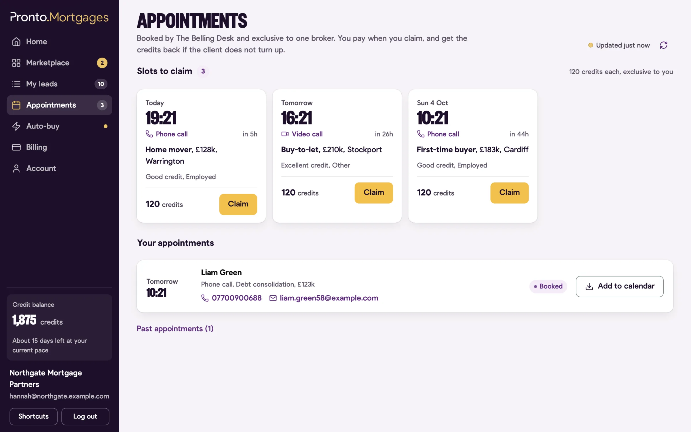 The Appointments screen: slots to claim for phone and video calls with a claim button, and a booked appointment with the client's phone and email.